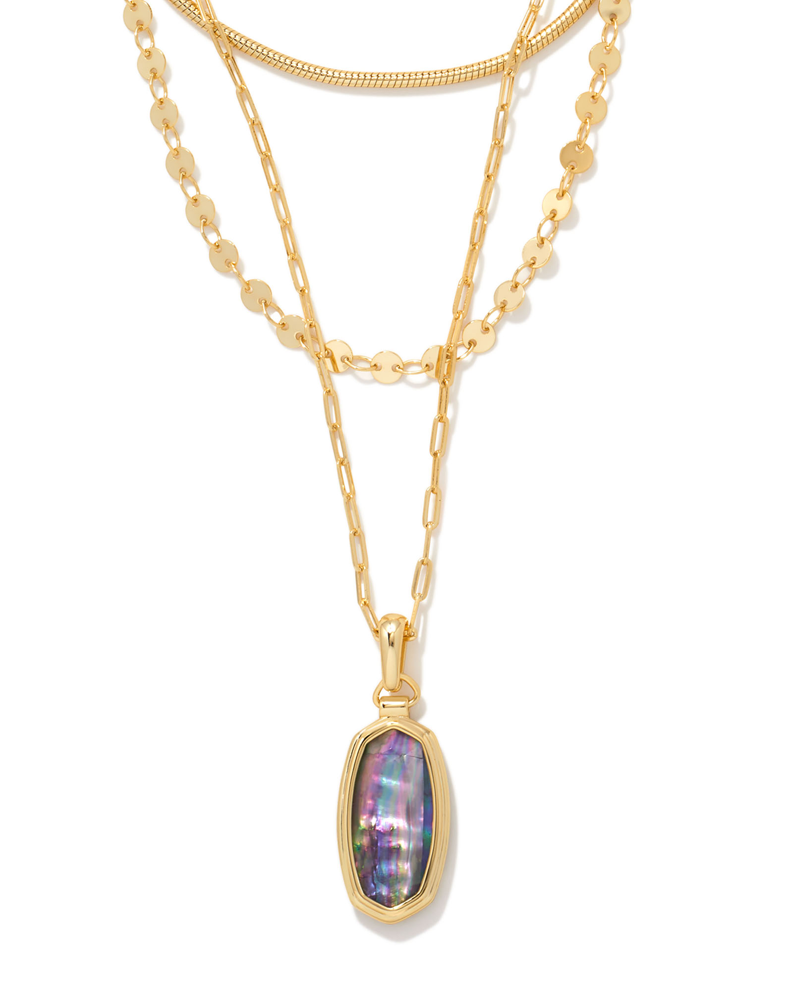Framed Dani Convertible Gold Triple Strand Necklace in Lilac Abalone ...