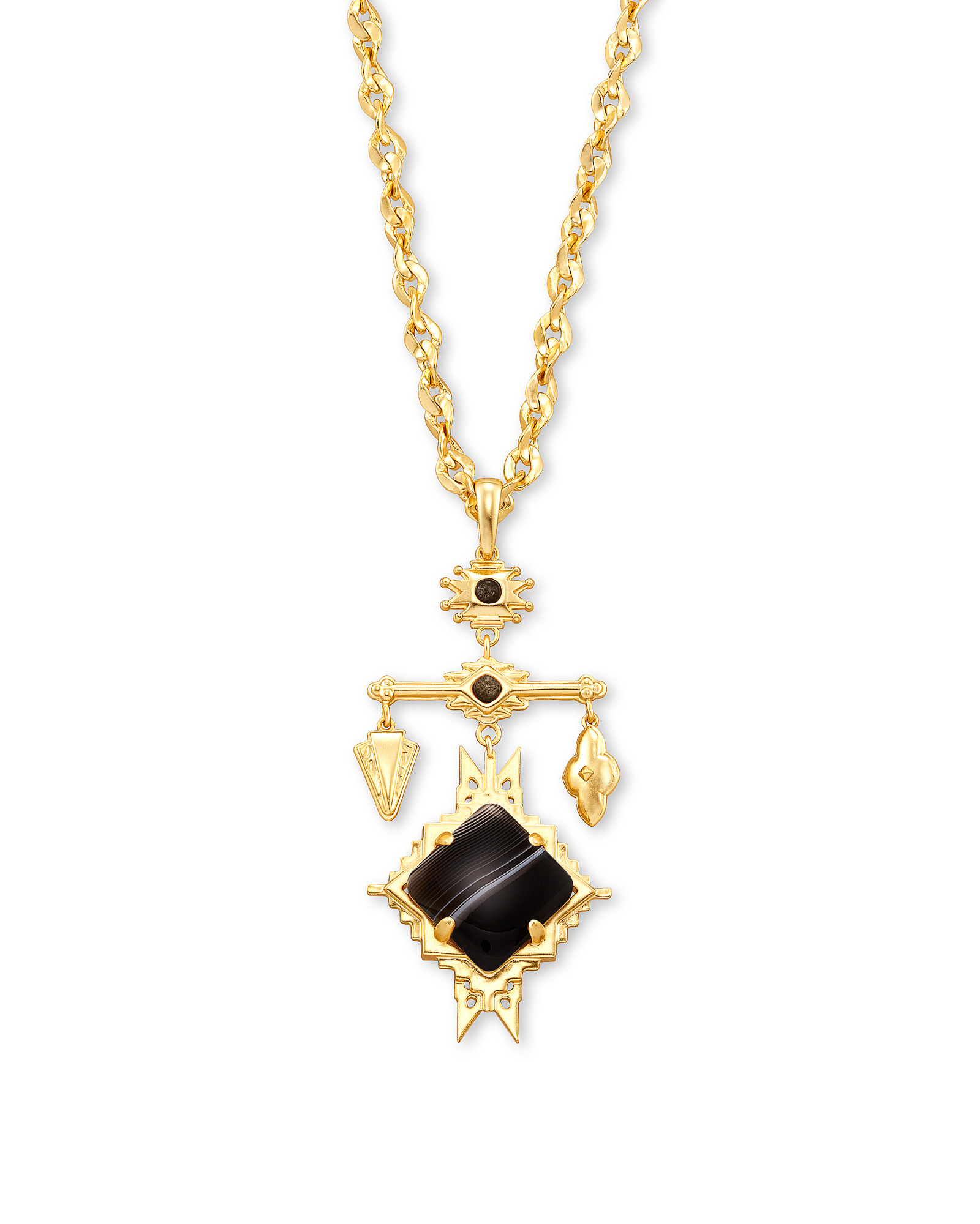 Cass Gold Large Long Pendant Necklace in Black Banded Agate | Kendra Scott