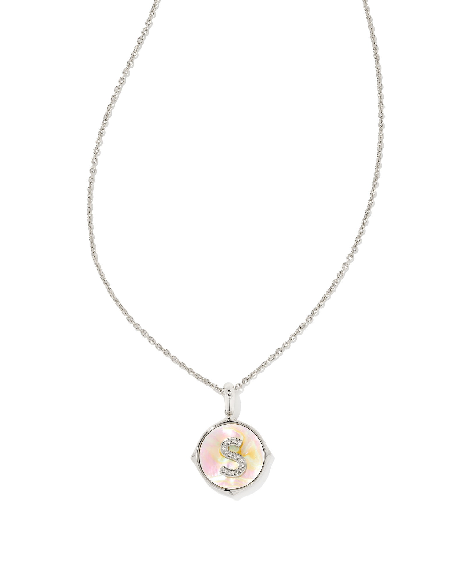 Letter S Silver Disc Reversible Pendant Necklace in Iridescent Abalone ...