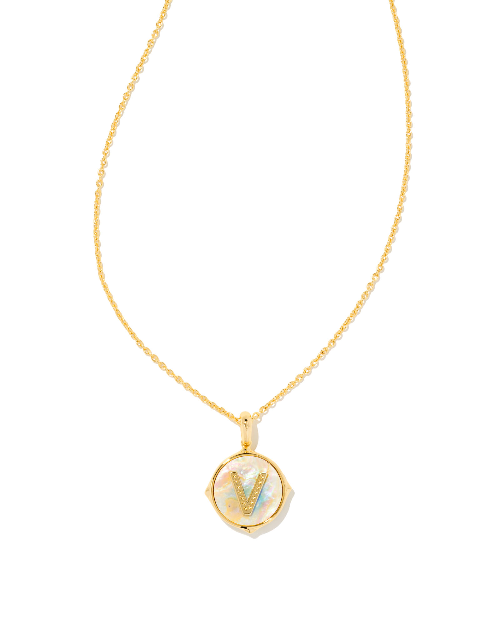 Letter V Gold Disc Reversible Pendant Necklace in Iridescent Abalone |  Kendra Scott