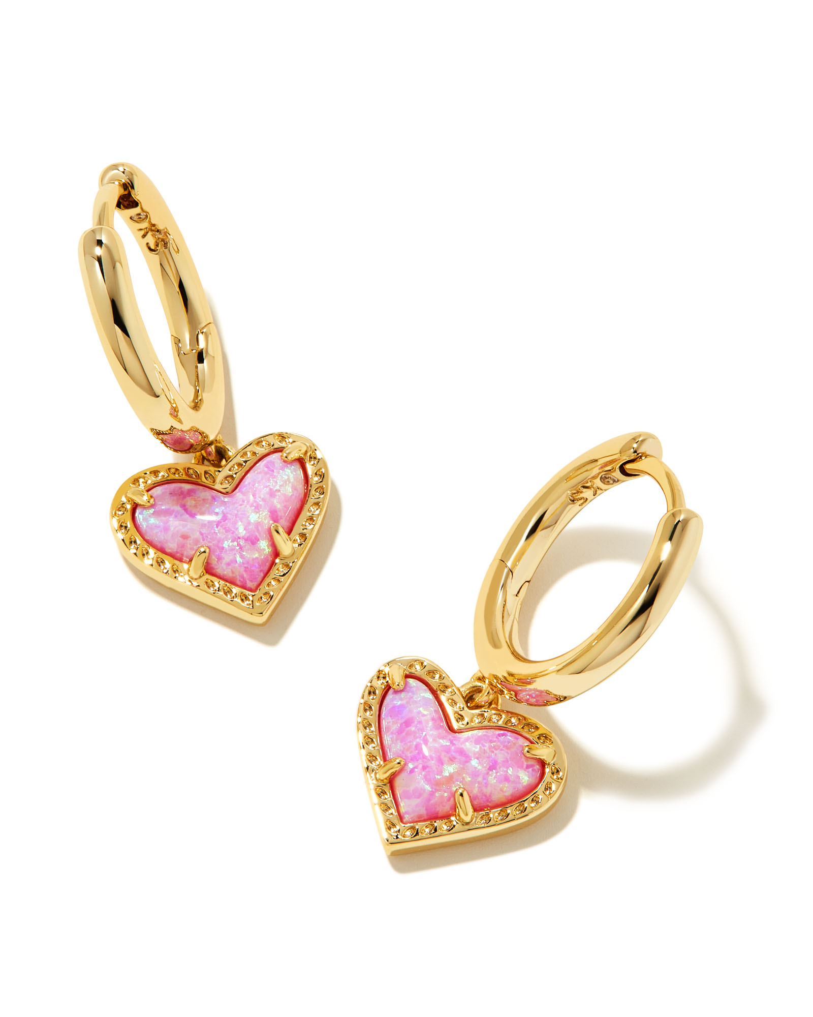 Ari Heart Gold Huggie Earrings in Bubblegum Pink Kyocera Opal | Kendra