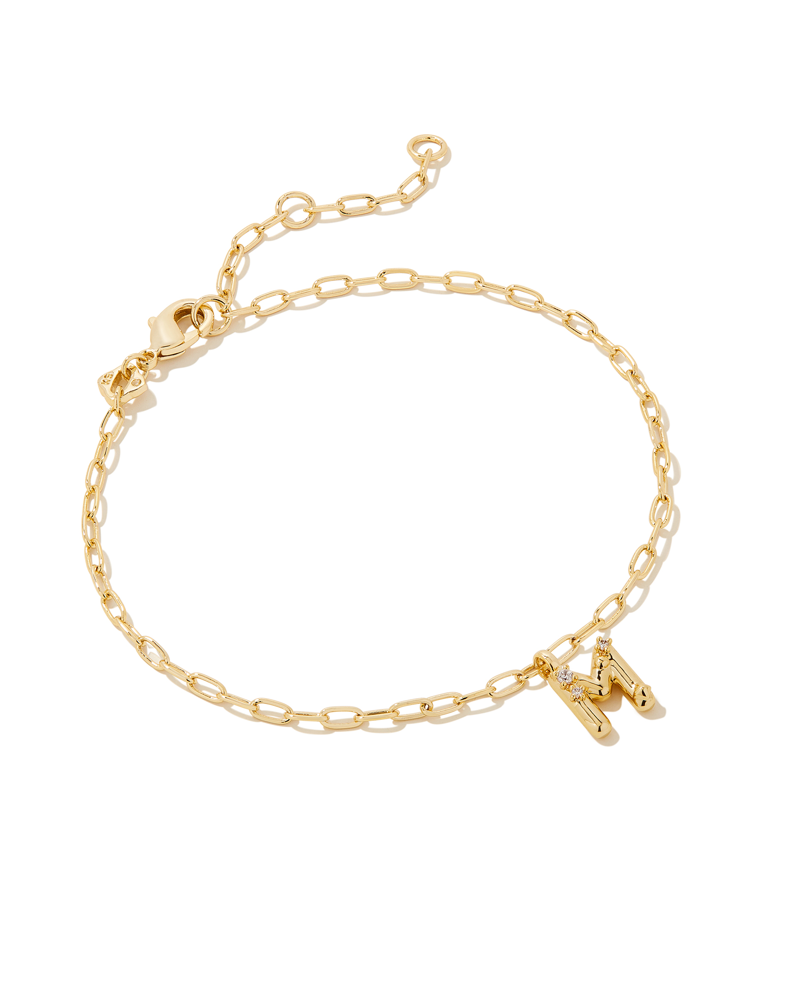 Crystal Letter M Gold Delicate Chain Bracelet in White Crystal