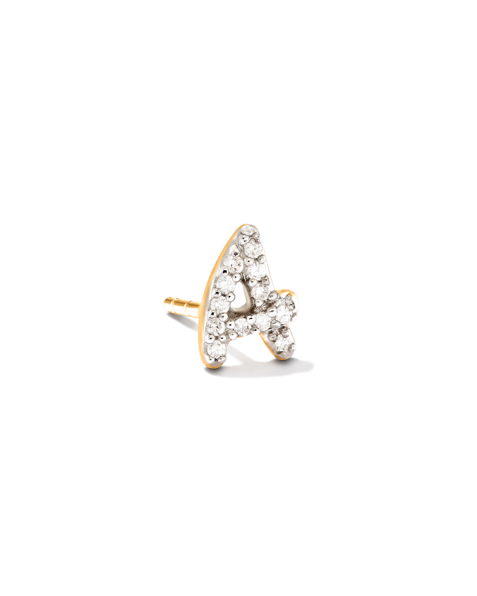 Letter A 14k Yellow Gold Single Stud Earring in White Diamond